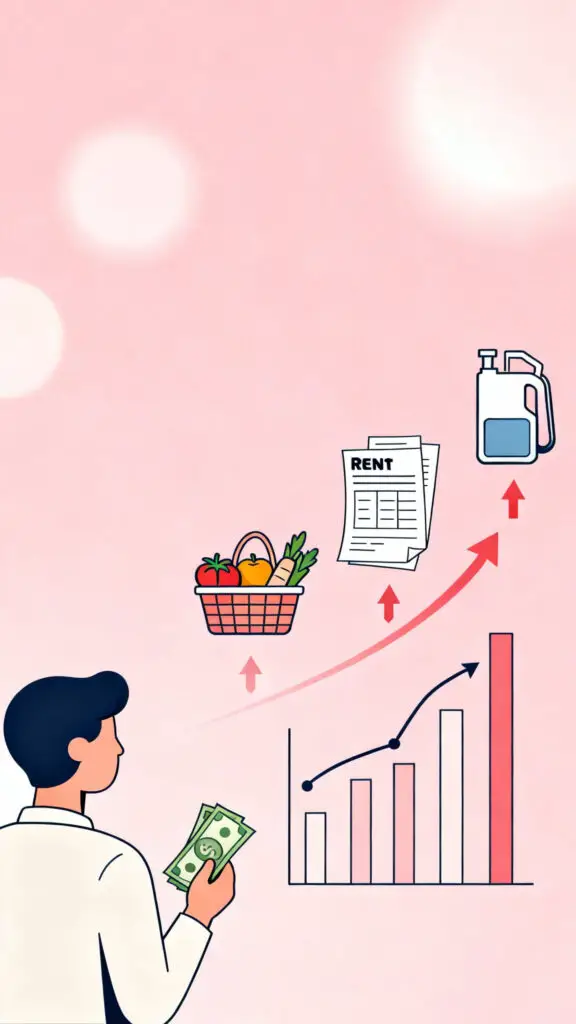 Illustration explaining inflation and rising living costs and why saving is important, on a pastel pink background.