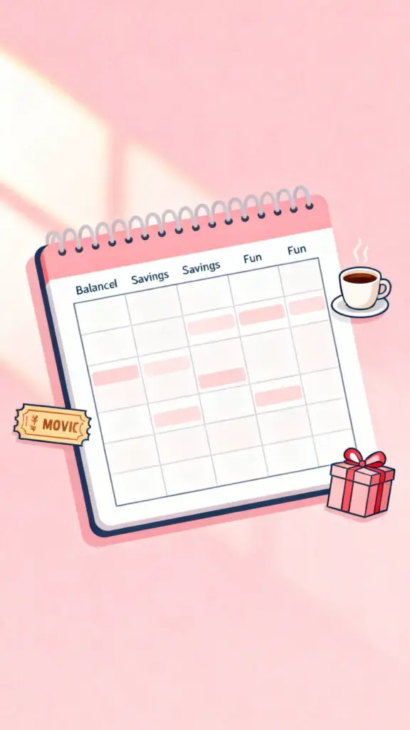 Illustration representing balanced budgeting with savings and fun spending on a pastel pink background.