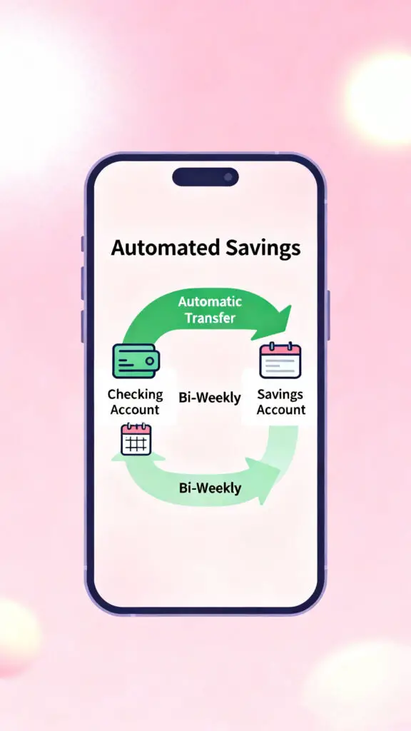 Every 2 Weeks Saving Plan 2 Illustration showing automatic savings transfers helping build a consistent two weeks saving habit on a pastel pink background.