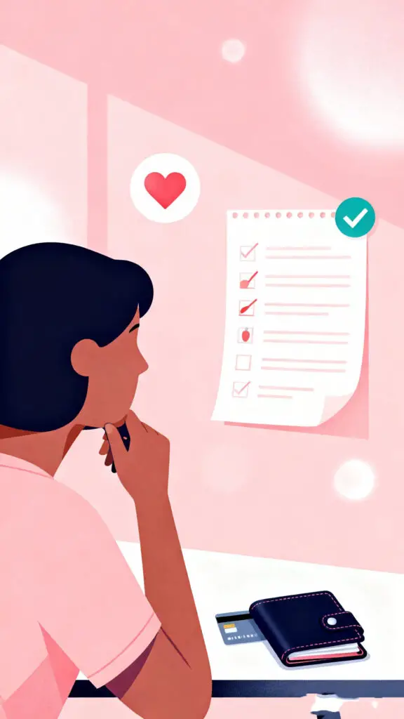 Illustration showing mindful and intentional spending habits with thoughtful money choices on a pastel pink background.