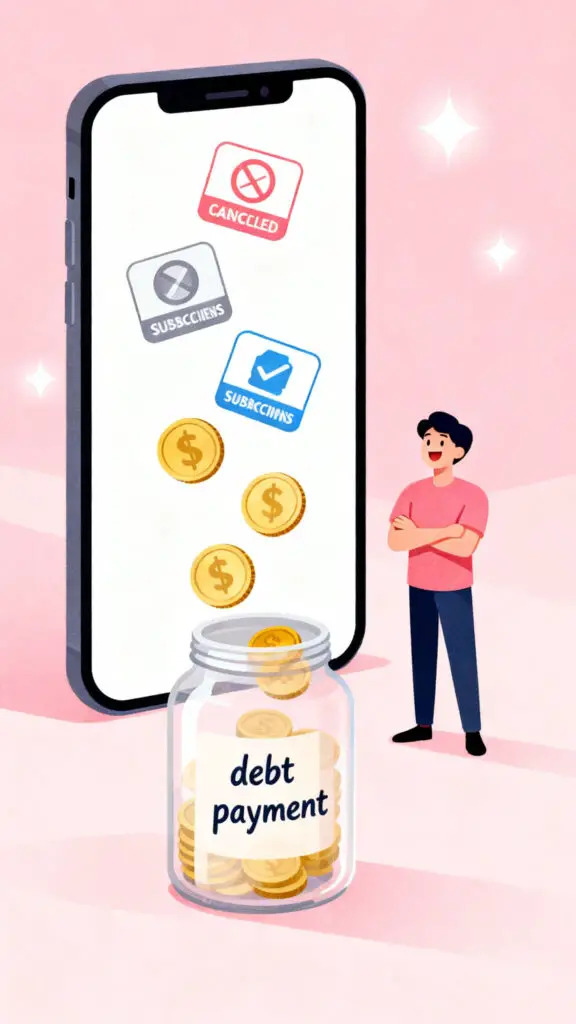 Illustration showing subscription cancellation through a budgeting app to free money for paying off debt, set on a pastel pink background.