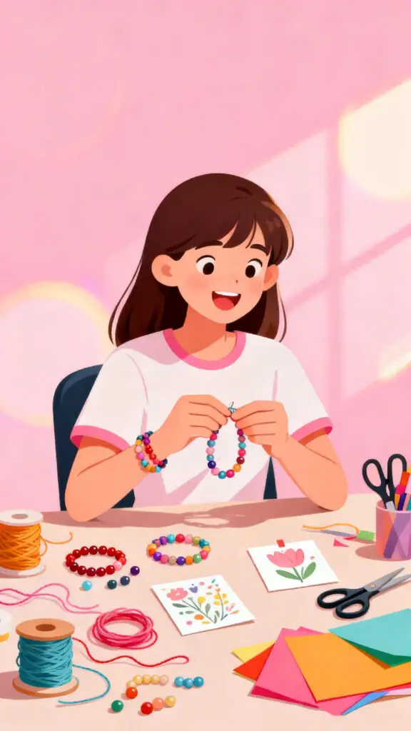 Illustration showing a teen selling handmade crafts with creative tools on a pastel pink background.
