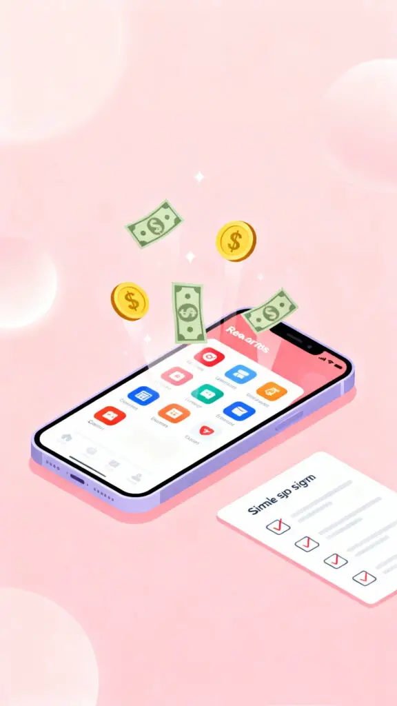 Illustration showing sign-up bonuses from apps as an easy way to get free money on a pastel pink background.