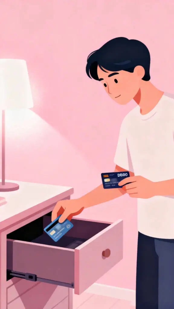 Illustration showing a person stopping credit card use by switching to a debit card to prevent new debt, set on a pastel pink background.