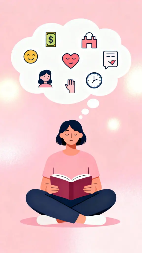 Illustration showing a person reflecting on money mindset and emotions while reading a finance book on a pastel pink background.