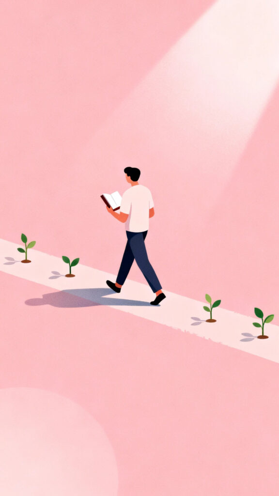 Illustration of a simple investing journey with a person following a clear path toward financial growth on a pastel pink background.