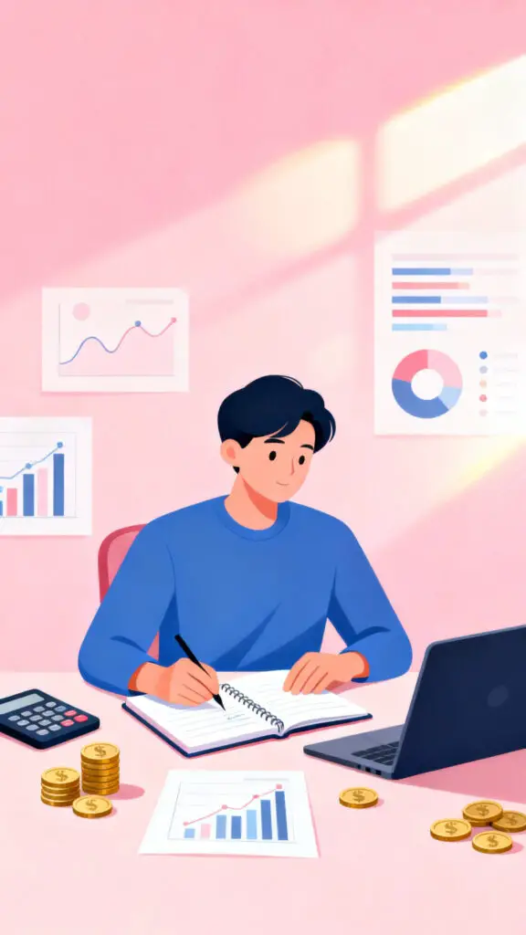 Illustration showing a person tracking their income and expenses to stay financially stable, on a pastel pink background.