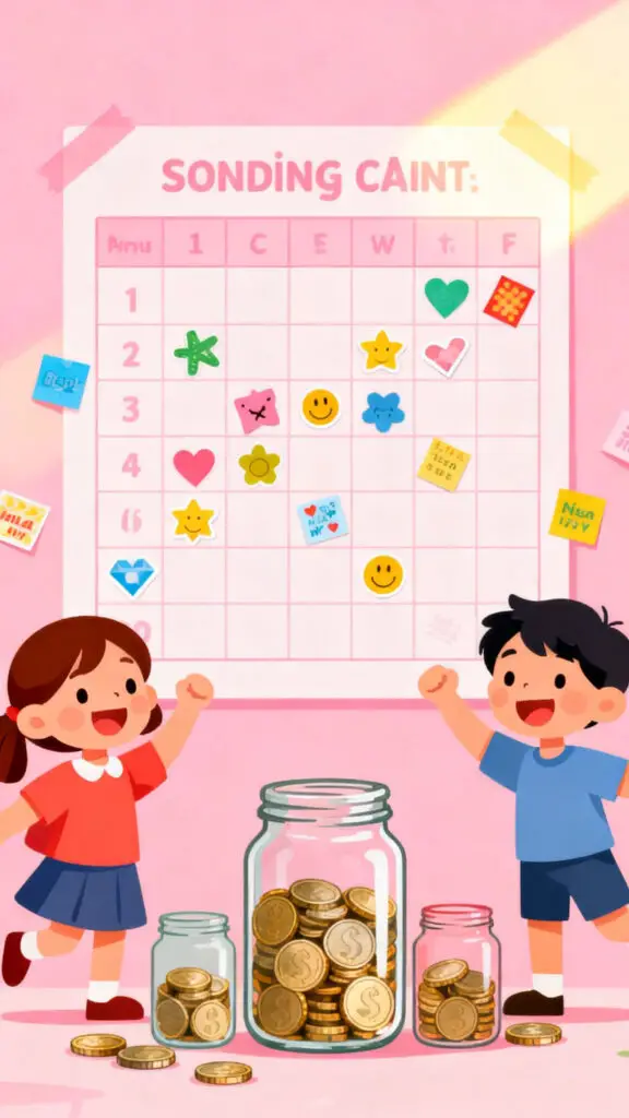 Illustration showing kids tracking their savings visually with charts and jars on a pastel pink background.