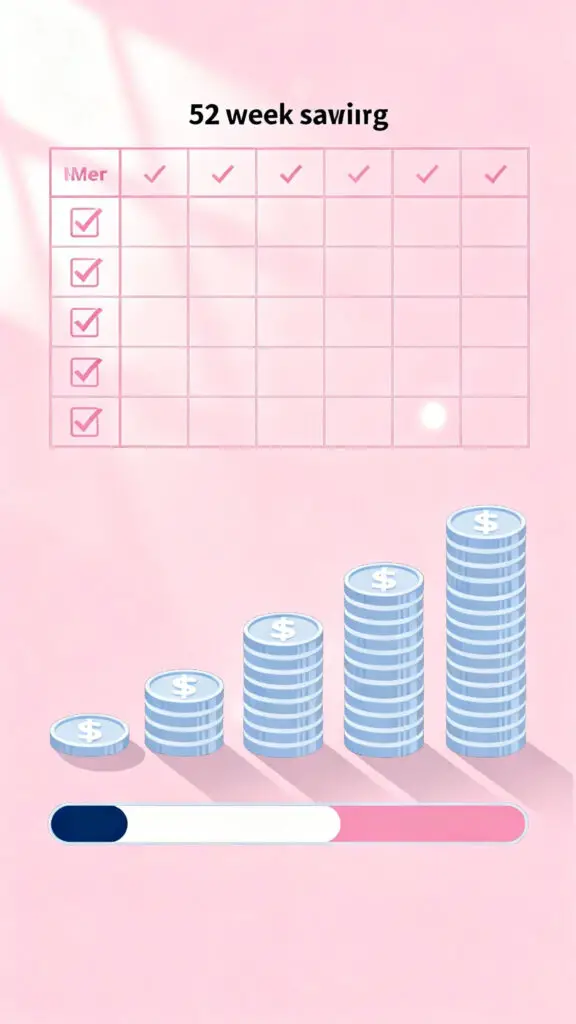 Illustration showing weekly savings progress tracking and growing money over time on a pastel pink background.