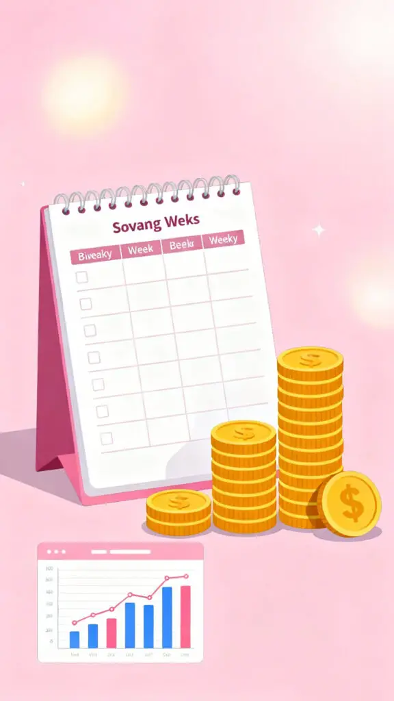 Every 2 Weeks Saving Plan 3 Illustration representing tracking savings progress and growing confidence through a bi-weekly savings routine on a pastel pink background.