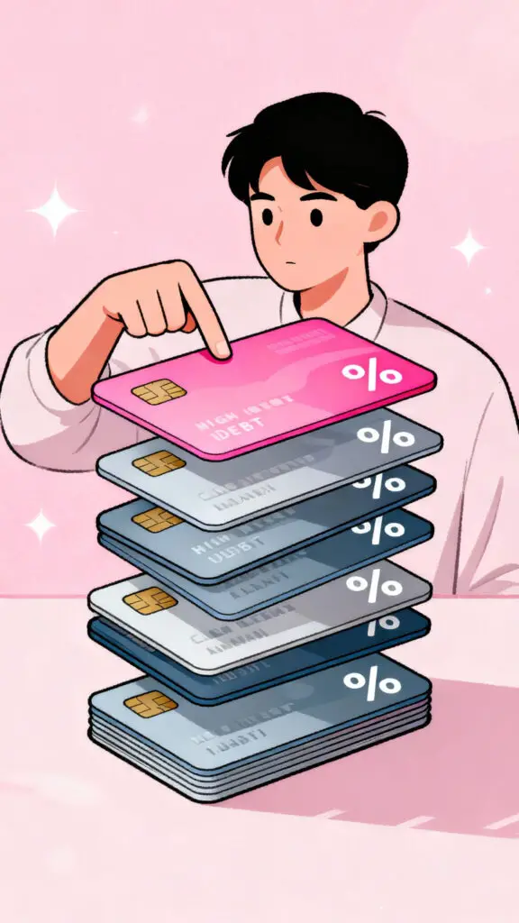 Illustration representing the debt avalanche method by focusing on paying off high-interest credit cards first, on a pastel pink background.