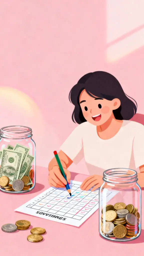 Illustration of a woman tracking her 52-week savings challenge on a pastel pink background.