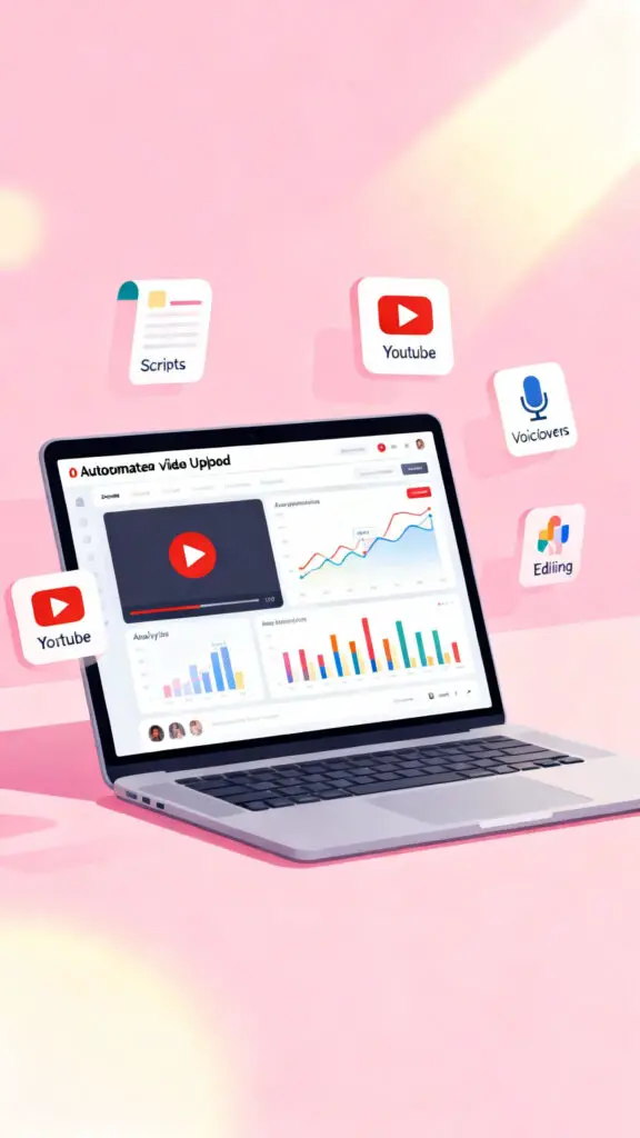 Illustration showing a YouTube automation channel earning passive income through scheduled videos on a pastel pink background.