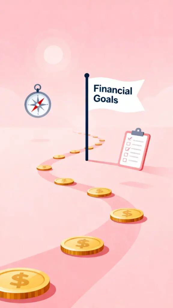 Illustration showing financial goals guiding money in a clear direction on a pastel pink background.