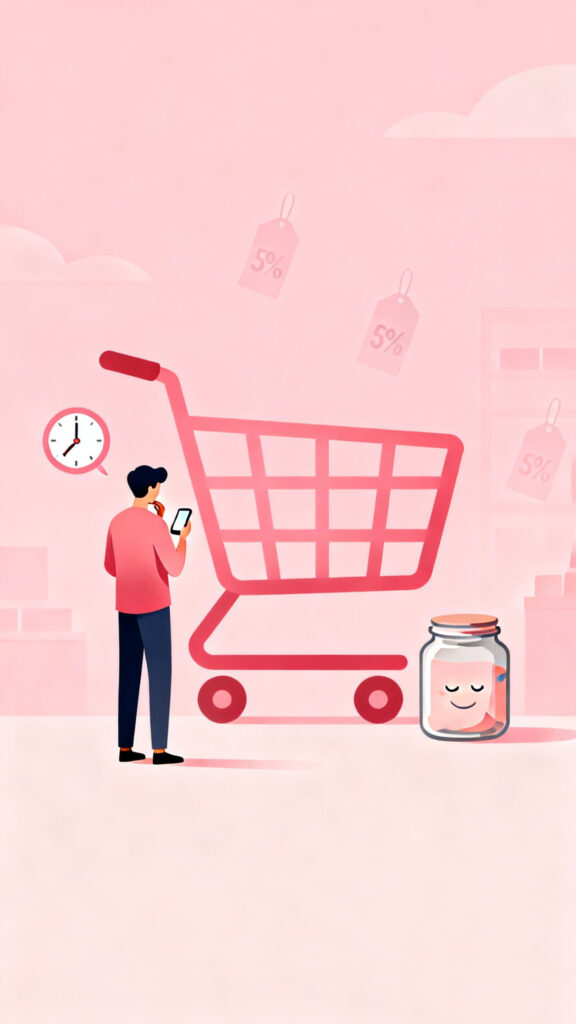 Illustration of a person pausing before making an impulse purchase, protecting their savings on a pastel pink background.