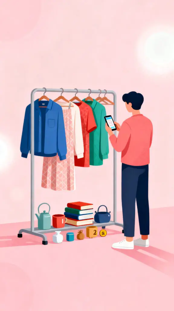 Illustration of buying thrift store items to resell for profit on a pastel pink background.
