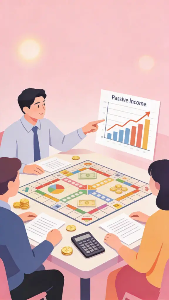 Games To Teach Budgeting Or Money Management For Adults 2 Illustration of adults playing a financial board game to learn passive income on a pastel pink background.