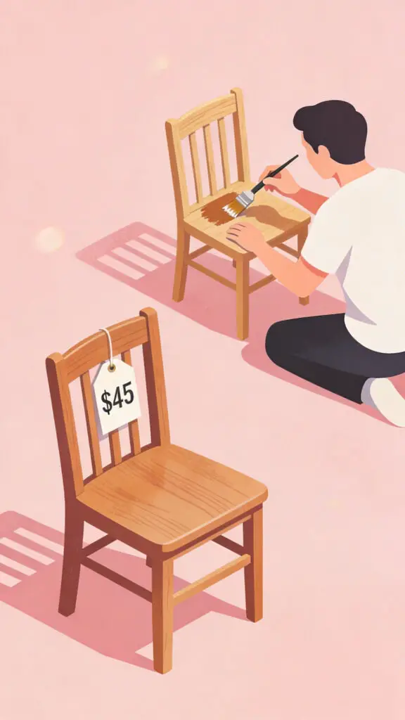 Illustration of a person restoring furniture to resell on a pastel pink background representing profit from flipping items.