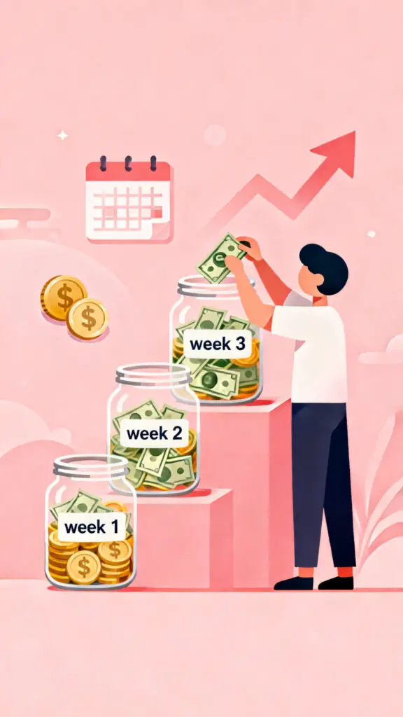 Illustration of a person gradually increasing savings every two weeks using a biweekly savings challenge on a pastel pink background.