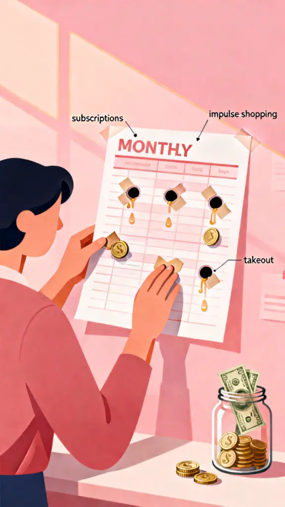  Illustration of a person fixing financial leaks by stopping unnecessary spending, with coins and expense icons on a pastel pink background.
