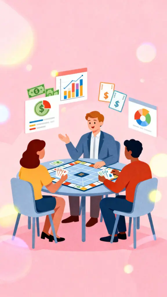 20 Must Try Financial Literacy Games For Adults 2 Illustration of adults learning financial literacy through interactive games on a pastel pink background.