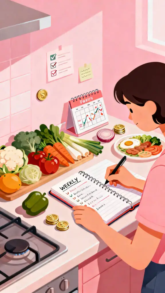 Illustration of a person planning meals and groceries to save money on food expenses on a pastel pink background.