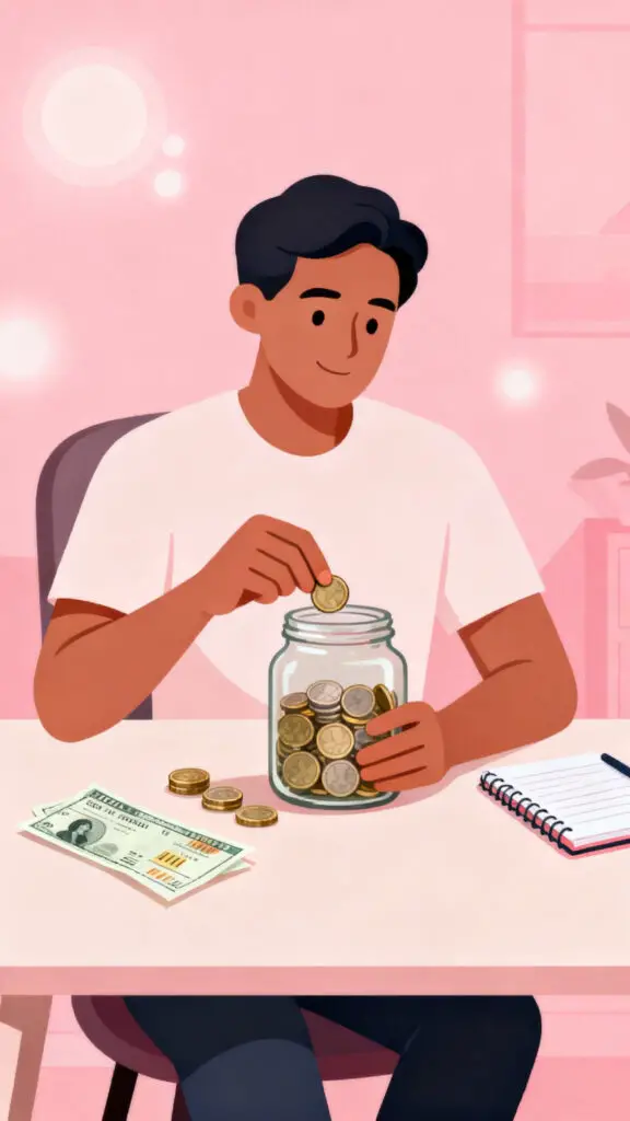 19 Financial Life Hacks Tips 2 Illustration showing an adult paying themselves first by saving money on a pastel pink background.