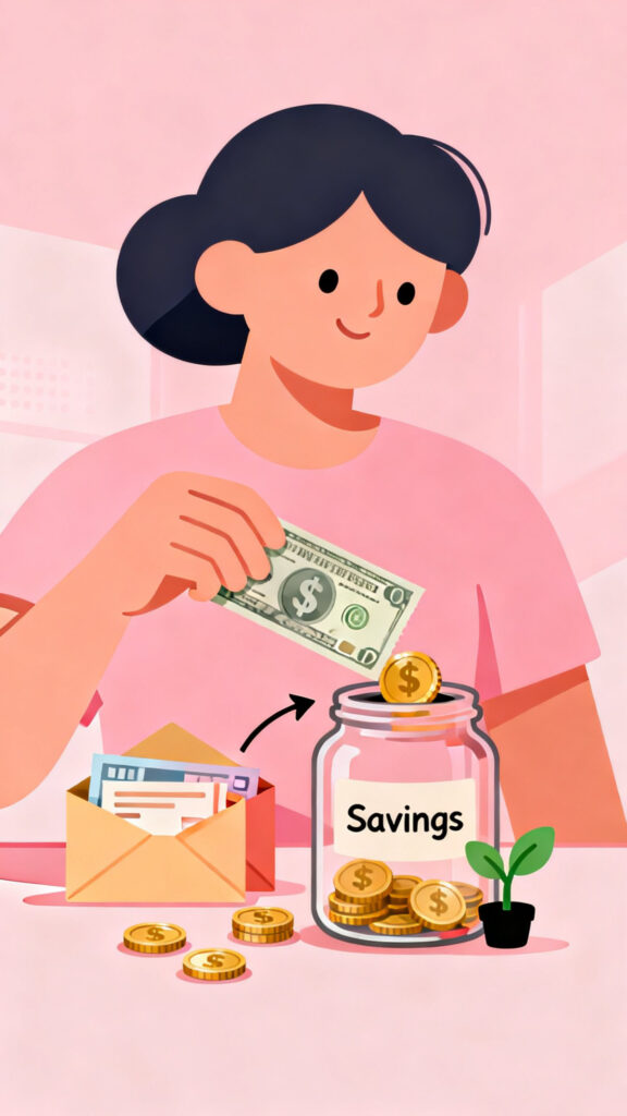 Illustration of a person saving money first from their paycheck into a savings jar on a pastel pink background.
