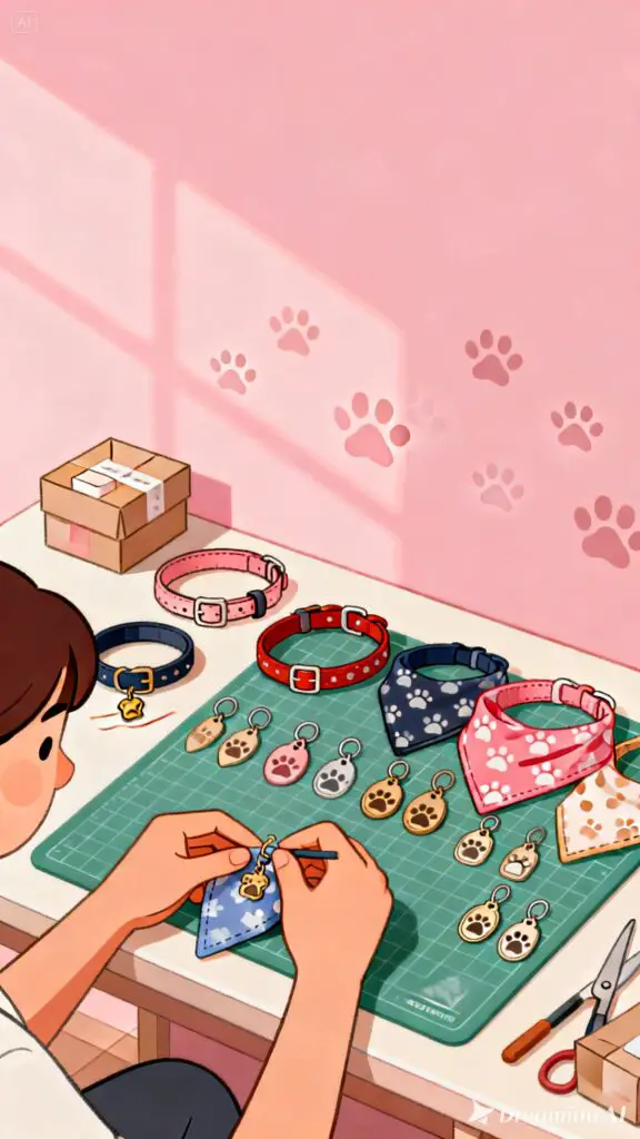 Illustration of handmade pet accessories being crafted and prepared for sale on a pastel pink background.