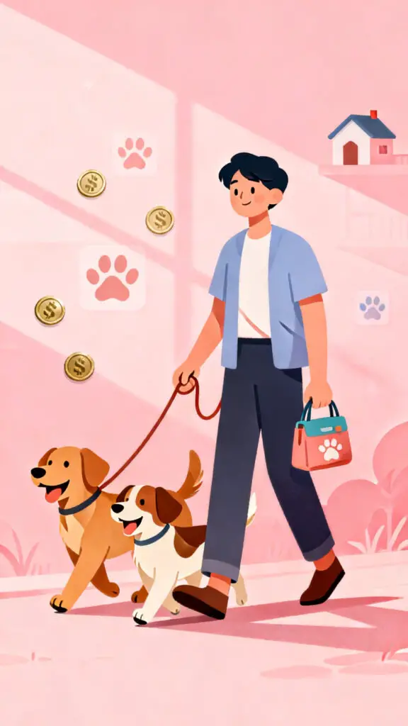 Illustration of a person offering pet sitting and dog walking services on a pastel pink background.