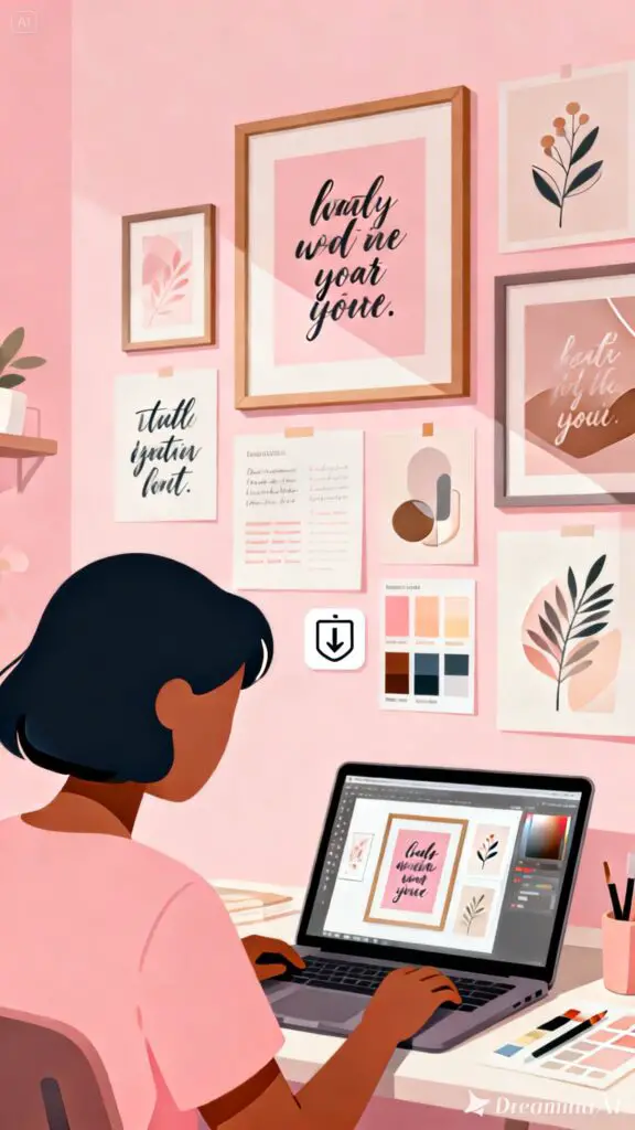 Illustration of a person creating printable wall art designs for an online shop on a pastel pink background.