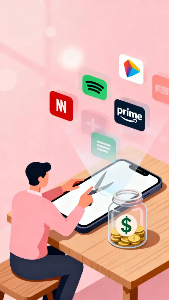 12 Personal Finance Rules to Save More Money 3 Illustration showing an adult reducing unnecessary subscriptions to save money on a pastel pink background.