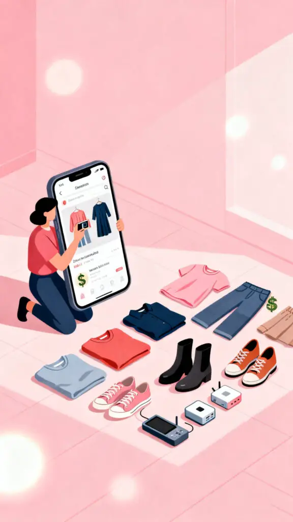 Illustration showing selling unused personal items online to make quick money on a pastel pink background.