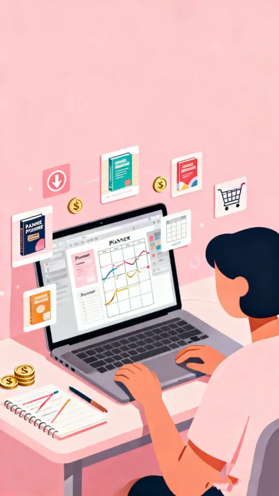 Illustration of a person creating and selling digital products online from home on a pastel pink background.