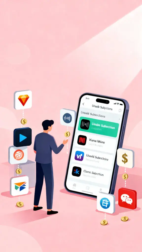 Illustration showing unused subscriptions quietly wasting money on a pastel pink background.