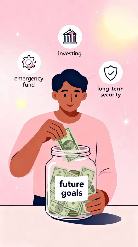 Illustration showing essential living expenses categorized as needs under the 50 percent budget rule on a pastel pink background.