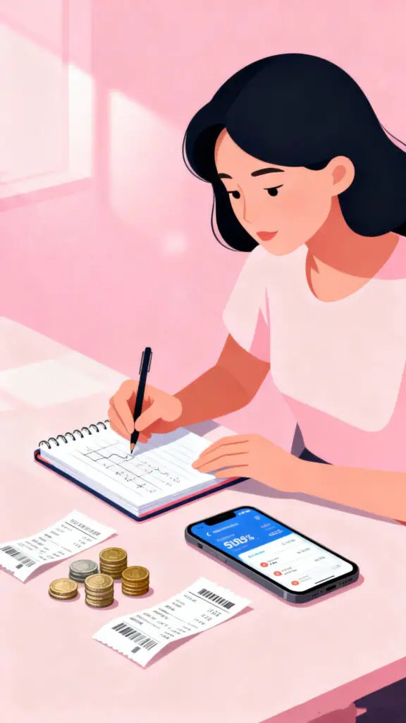 12 Personal Finance Rules to Save More Money 2 Illustration of a woman tracking every expense using a notebook and budgeting app on a pastel pink background.