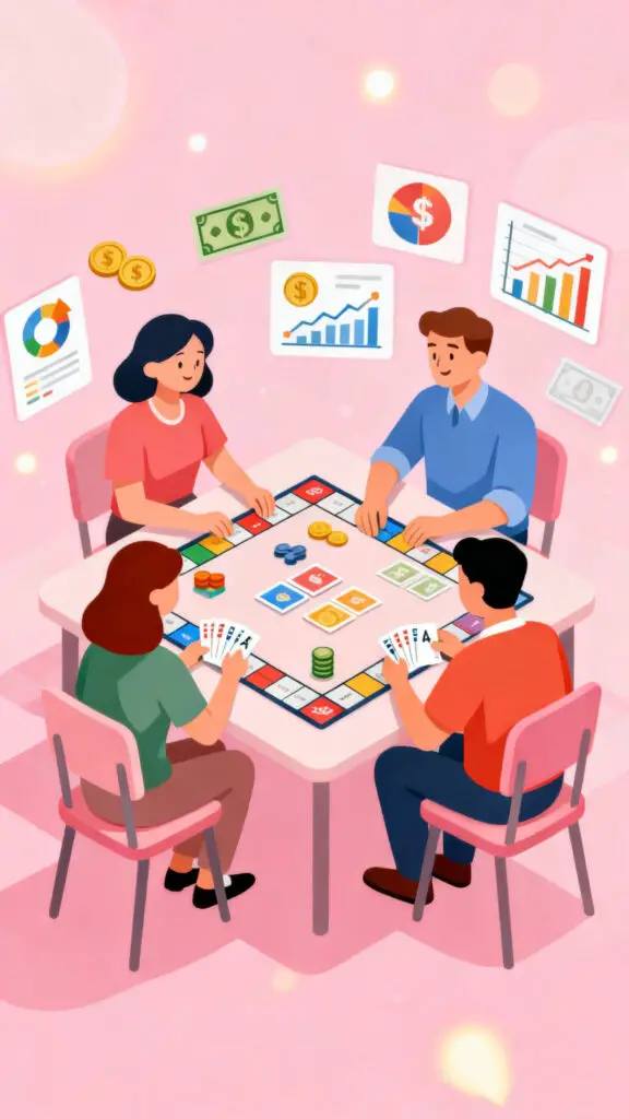 20 Must Try Financial Literacy Games For Adults 3 Illustration showing financial problem solving and money strategy through games on a pastel pink background.