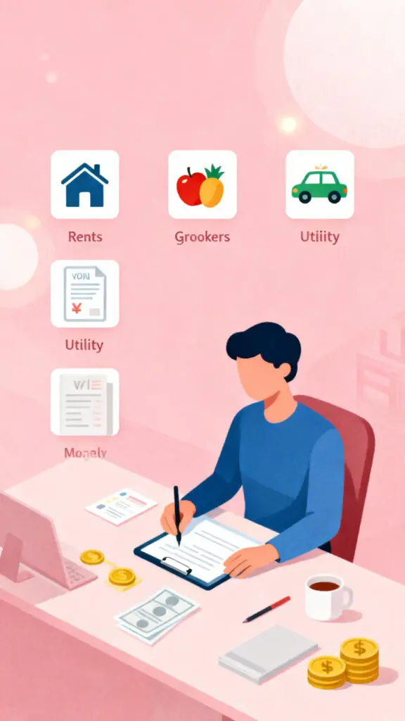 Illustration showing essential living expenses categorized as needs under the 50 percent budget rule on a pastel pink background.