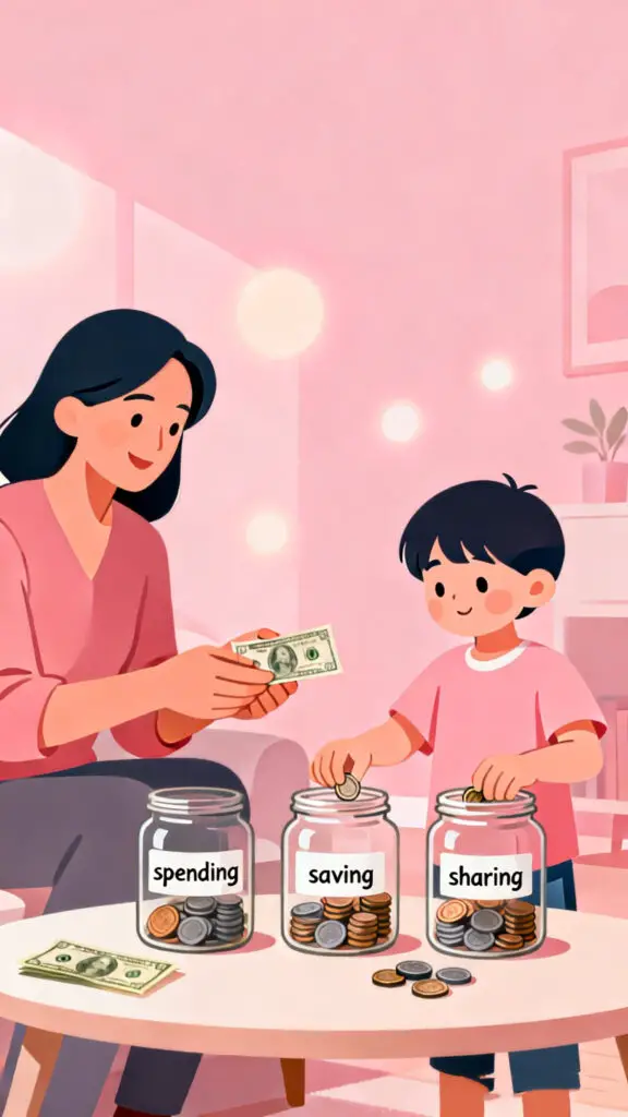 Illustration of a child dividing allowance money into jars for budgeting on a pastel pink background.