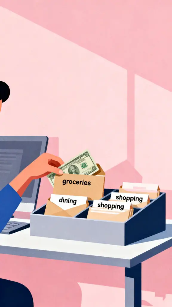 Illustration of cash envelope budgeting system on a pastel pink background symbolizing controlled spending.