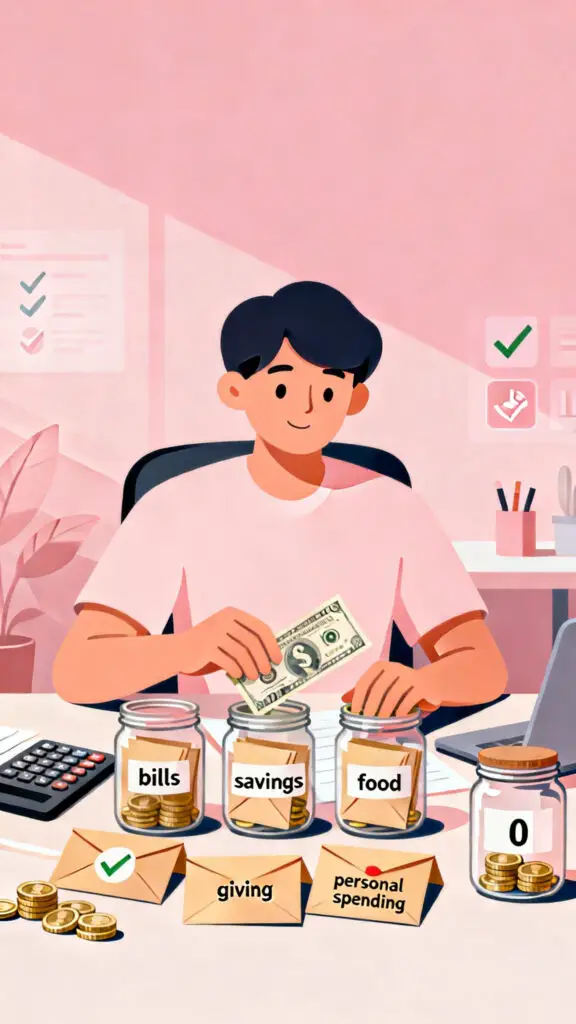 Budget Your Paycheck With Dave Ramsey Budgeting Percentages 3 Illustration of a person assigning every dollar into labeled budget categories using a zero based budget system on a pastel pink background.