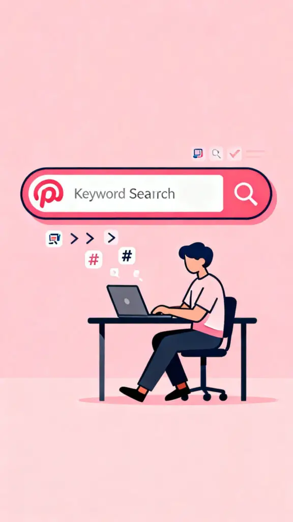 How To Make Money With Pinterest In 2026 (For Beginners) 2 Illustration of a person learning Pinterest SEO with search bar keywords on a pastel pink background.