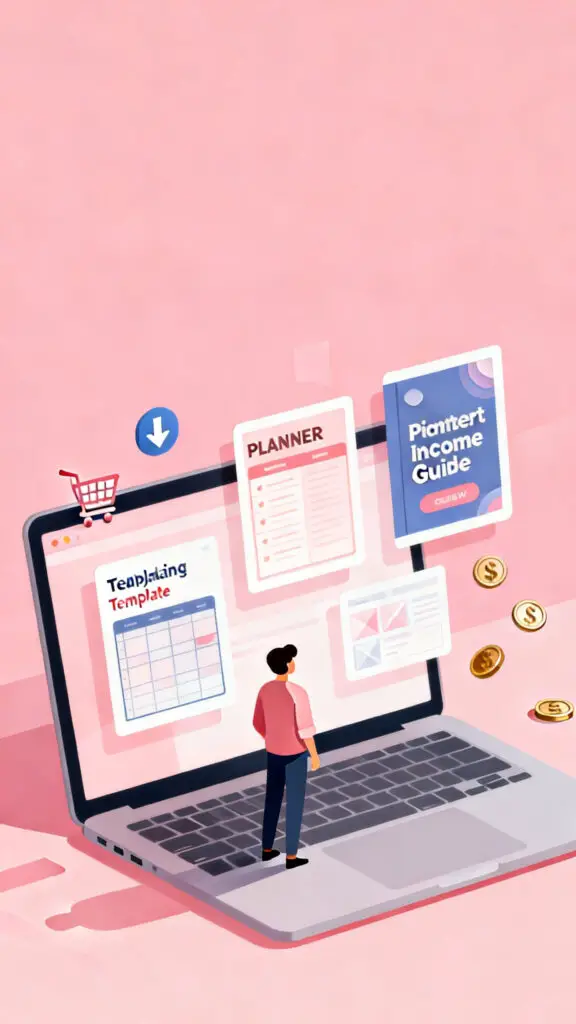 How To Make Money With Pinterest In 2026 (For Beginners) 3 Illustration of selling digital products through Pinterest using a laptop on a pastel pink background.