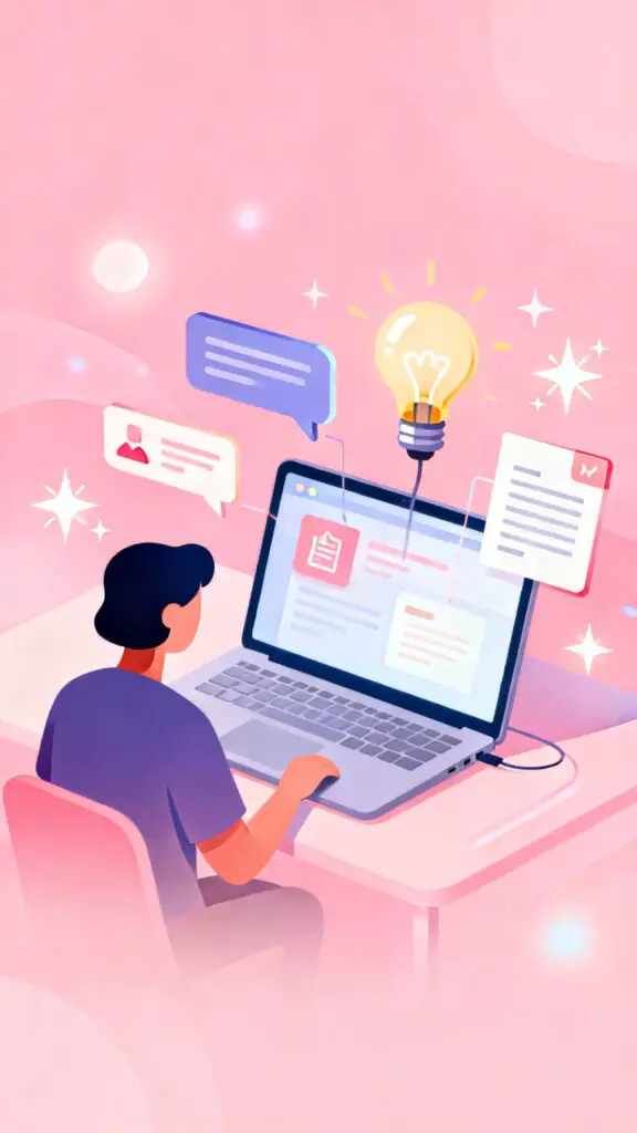 Illustration of a person using AI prompts on a laptop with floating idea icons on a pastel pink background.