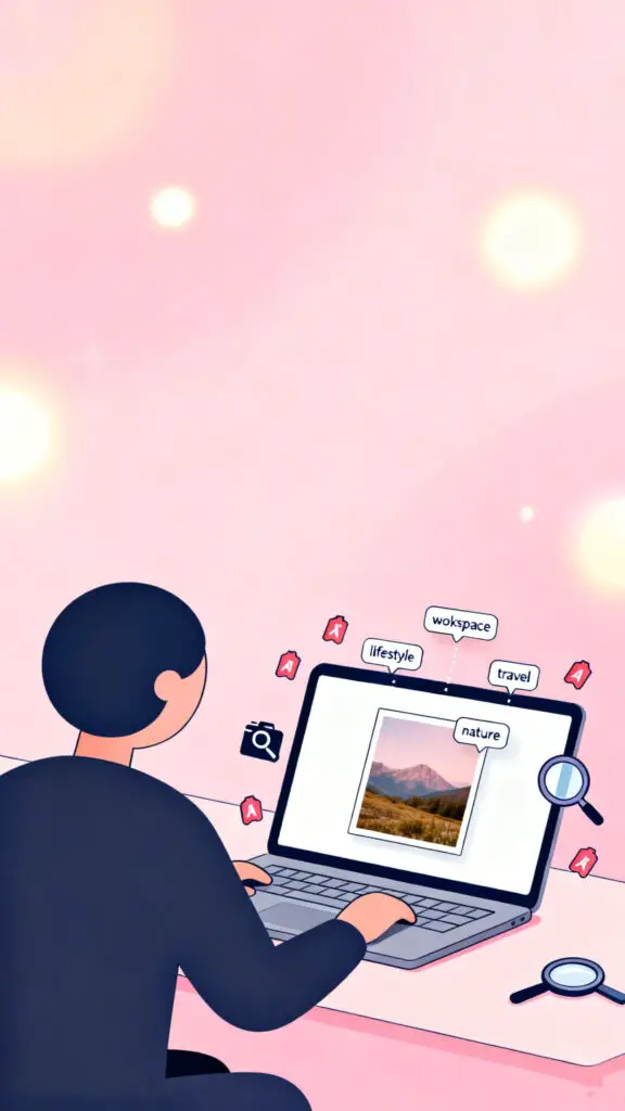 How to Sell Your Photos Online 2 Illustration of a photographer adding keywords and tags to an uploaded photo on a laptop to improve search visibility on a pastel pink background.