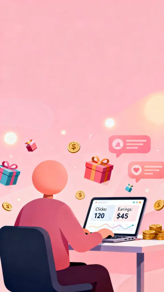Illustration of a person promoting products through affiliate marketing on a laptop with earnings icons on a pastel pink background.