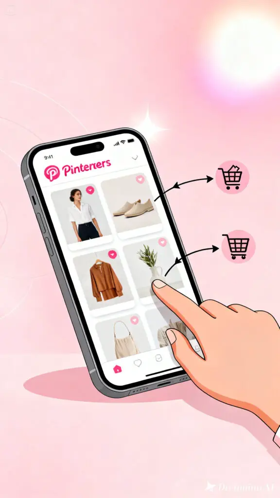 Illustration of affiliate marketing on Pinterest showing pins leading to product purchases on a pastel pink background.