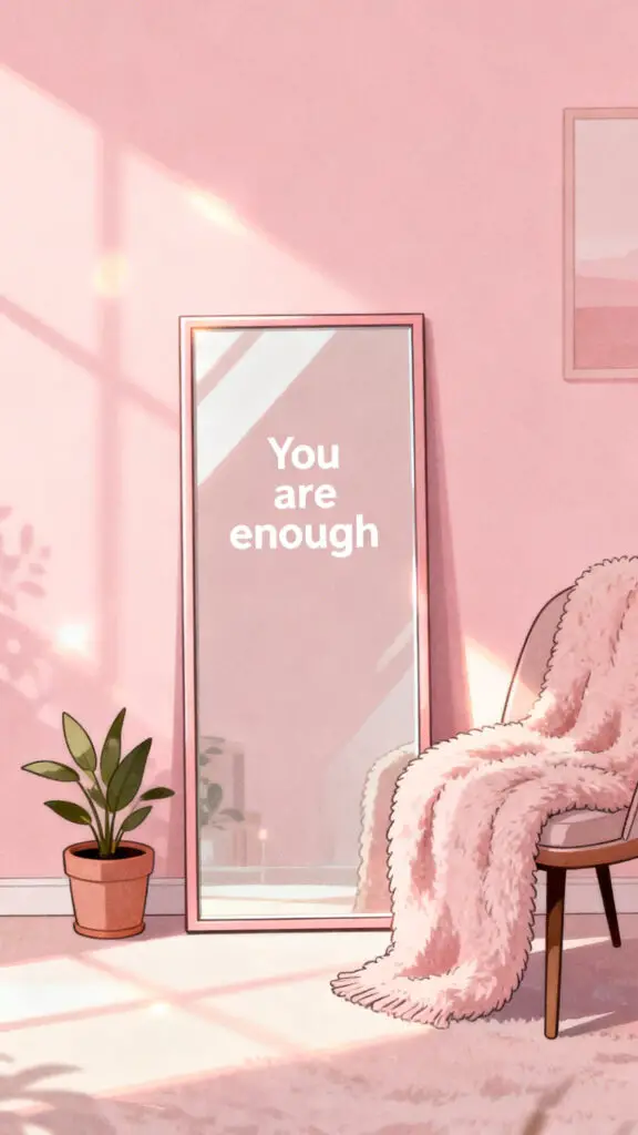 Illustration of an affirmation mirror with positive words in a pastel pink themed space.