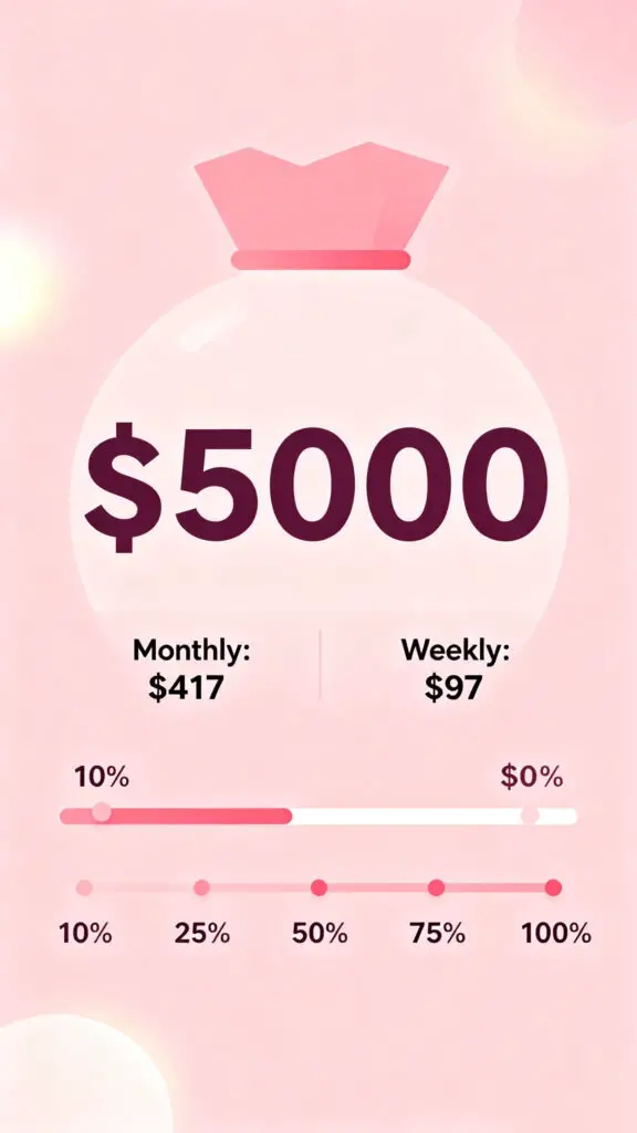 Best Way to Save $5,000 This Year 2 Illustration of breaking a $5000 savings goal into smaller monthly and weekly targets on a pastel pink background.